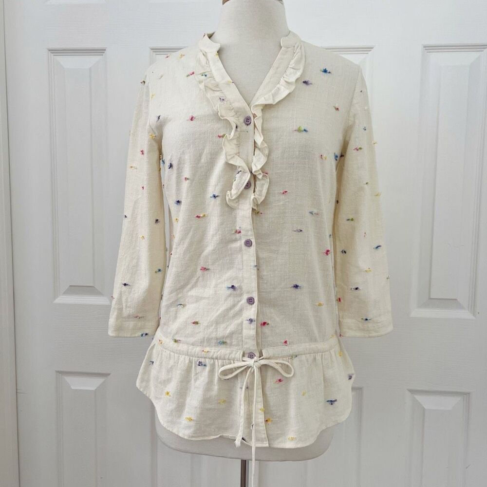 Poeta Womens Multicolored Thread Flecks Embroidered‎ Ruffle Linen Blouse Size XS